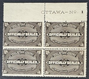 Canada, 1913, Scott #OX4, Plate Block of 4, Plate #1, Mint, NH/LH, with Cert.