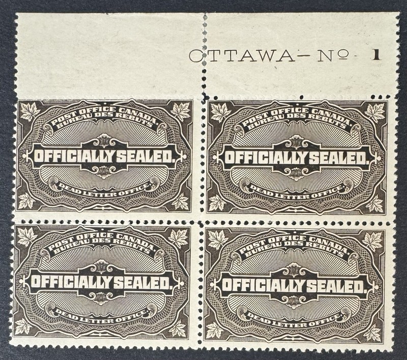 Canada, 1913, Scott #OX4, Plate Block of 4, Plate #1, Mint, NH/LH, with Cert.