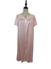 Vtg Merville Pale Pink Housecoat Nightgown Embroidered Sz L Cottagecore Grandma