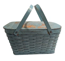 Vintage Blue Painted Picnic Basket Lid Handles Sewing storage decor