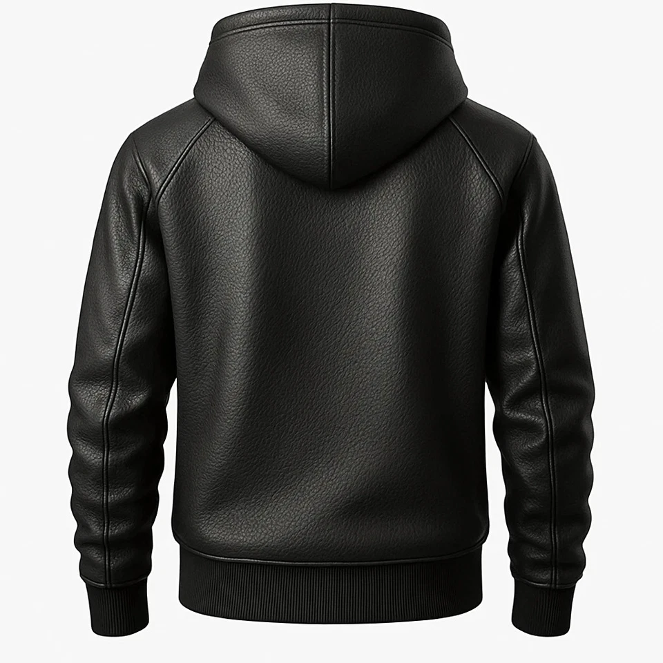 Chaqueta con capucha de cuero premium negra hecha a mano de piel de cordero genuina para hombre. Foto 3 de 4