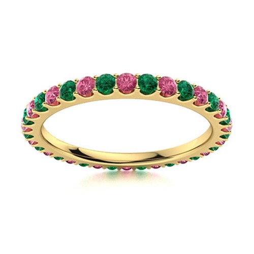 Full Eternity Round Emerald & Pink Topaz 925 Sterling Silver Gold Plated Ring