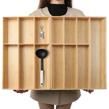V-Shaped Extra Large Bamboo Drawer Organizer Set of 2, Kitchen Cutlery Tray U...