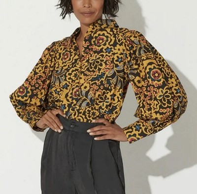 Cleobella Dari Blouse Black & Yellow Floral Size Medium