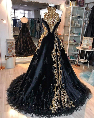 Black Wedding Dresses with Gold Appliques Halter Neck Beaded A Line Bridal  Gowns | eBay