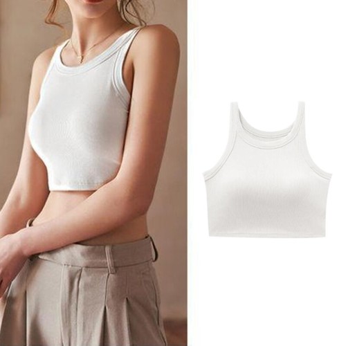 Women Summer Round Neck Crop Tank Top Sleeveless Padded Ribbed Racerback Vest - Picture 2 of 9