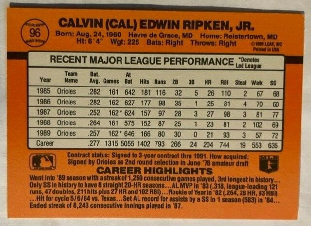 1990 Donruss Cal Ripken * ERROR * #96 Baseball Card - NM/MT