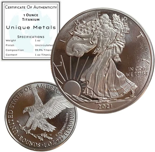 1 Troy Ounce .999 Fine Pure Titanium Walking Liberty Eagle Rounds - Coins w/COA