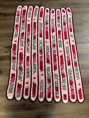 Handmade Crocheted Afghan Lap Blanket Throw Pink Red Gray White Black
