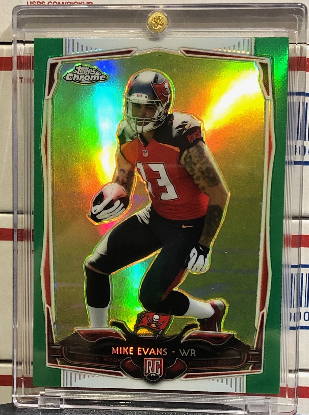 2014 TOPPS CHROME MIKE EVANS, #185, ROOKIE, GREEN REFRACTOR, SUPER BOWL CHAMPION