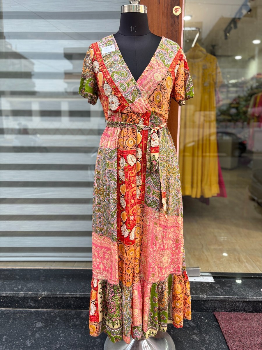 Women's Maxi Dress Multicolor Silk Blend V-Neck Summer Boho Chic Long Dress