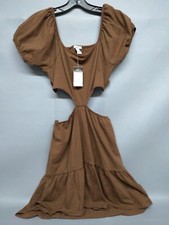 NEW Rue21 Women's Brown Ruffle Cotton Peasant Dress Short Sleeve Cutout Size L