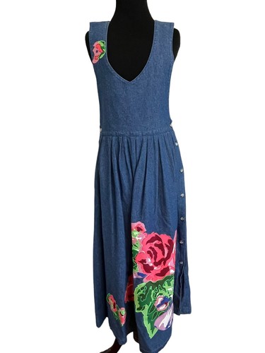 Vtg Denim Jumper Maxi Dress Womens S Hand Painted… - image 1