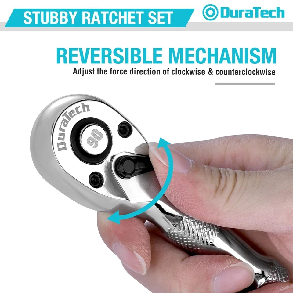 DURATECH 3PCS Stubby Ratchet Wrench Set 90-Tooth 1/4" 3/8" 1/2" Dr Socket Wrench - Image 3 of 4