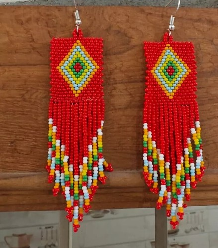 Beautiful Tribal Earrings Native Large Boho American Seed Beads Handmade Earring