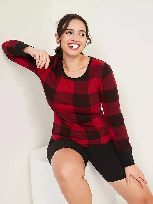 NWT Old Navy Red Buffalo Plaid Thermal Knit Waffle Tee Shirt T Shirt Women ML XL