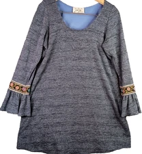 Womens Dress VaVa Joy Han  M Blue Heather Knit Lined Shift Embellish Sleeve Boho