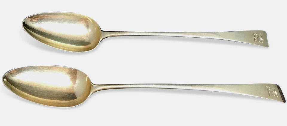 Par de cucharas de relleno georgianas chapadas en oro de ley del siglo XVIII 211 g raras Foto 3 de 4
