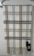 Cejon Ivory Gray Plaid Scarf 70" x 11" fringed Acrylic Made in Italy