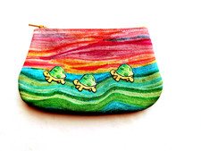 SUEDE LEATHER COIN PURSE, Hand painted Suede, "Three Trekin" Turtles Handmade