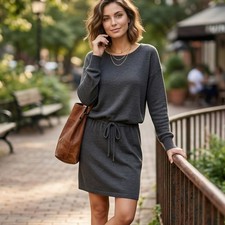 Prana Gray Knit Tie Waist Long Sleeve   Sweater Dress Large