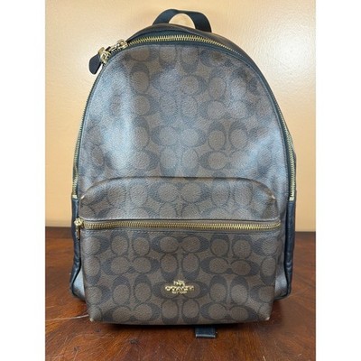 Coach Charlie Backpack Signature Canvas Black Brown Leather F58314 Large