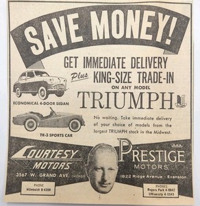 1958 Courtesy Prestige Motors Dealers Triumph TR-3 Sedan MCM Original Print Ad
