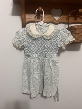 Polly Flinders Girls Smocked Floral Dress Blue/White Lace Peter Pan Collar 2T
