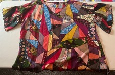 Johnny Was Woman Boho Colorful Patchwork Print Silk Short Sleeve Top Size M