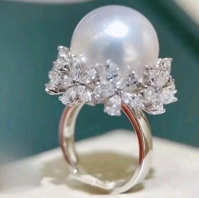  BIG 14mm (1.4cm) White Solitaire FAUX PEARL RING with Clear FLOWER CRYSTALS