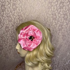 Ooak Taissa Lada Pink Satin Flower Hair Clip With Vintage Glass Beads Wedding