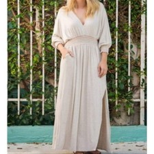 Wanderlux Women's Long Sleeve Maxi V-Neck Smocked Dress - Gray