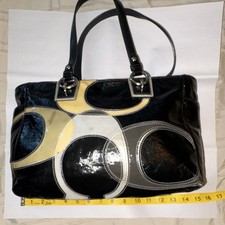 Coach Black Colorblock Patent Tote Zip Closure Silver Hardware Double Handles