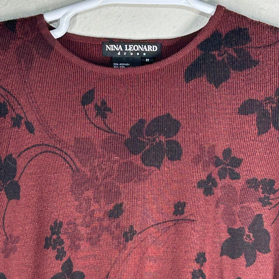 Nina Leonard Sweater Womens M Burgundy Black Floral Long Sleeve Crew Neck Tunic - Image 4 of 4