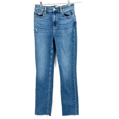 PAIGE Cindy Raw Wide Cuff Tina straight leg blue stretch classic mid rise 28