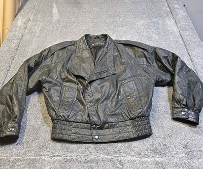 Wilsons Black Leather Bomber Jacket Medium Vintage 80s- 90s Moto Biker Crackled