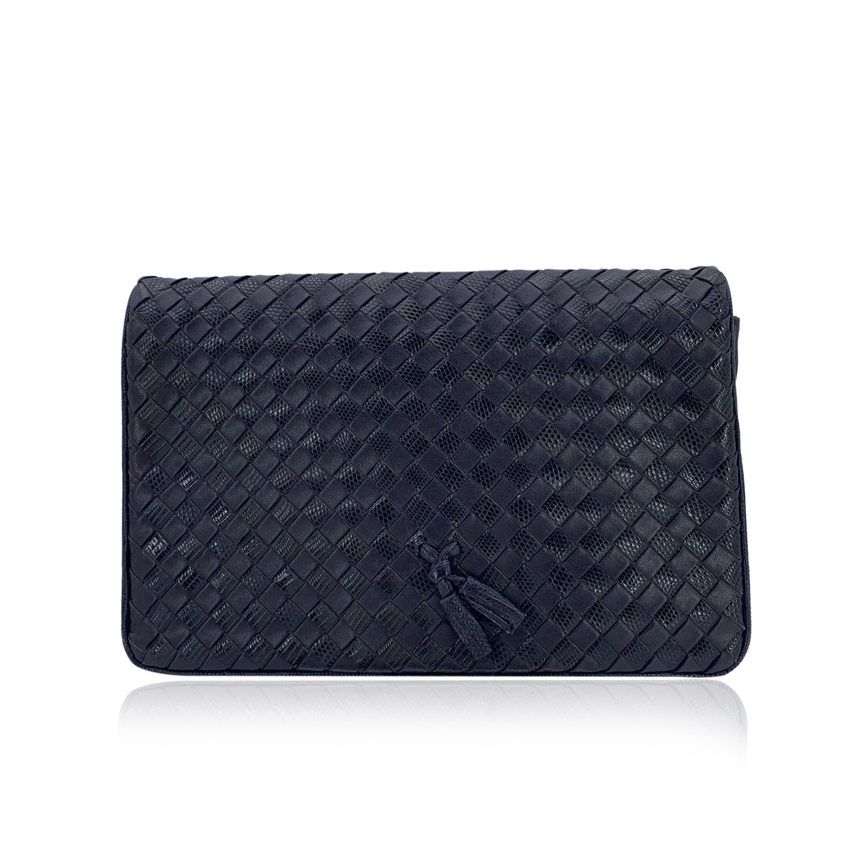 Authentic Bottega Veneta Vintage Navy Blue Intrecciato Woven