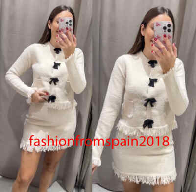 ZARA NEW WOMAN FRAYED KNIT CARDIGAN WITH BOWS ECRU S-XL 9598/139