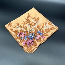 Vintage Floral Handkerchief Brown Blue Pink Flowers Hankie Cotton Retro Fall