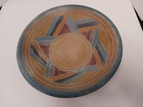 Ciotola vintage in terracotta design azteco con fondo tondo argilla rosso turchese - Foto 9 di 15