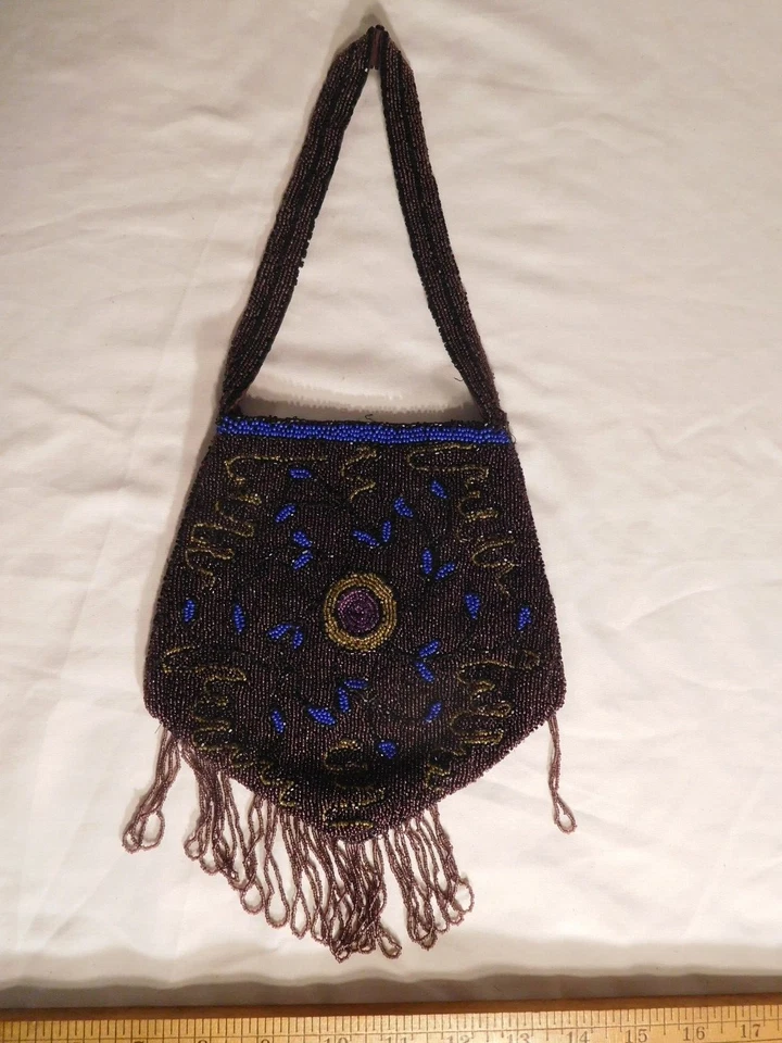 Impresionante cartera antigua con solapa púrpura, azul y dorado Foto 2 de 4