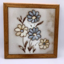Heavy Clay Tile Italy Enamel Trivet Blue Beige Flowers Wood Frame 9.25" Square