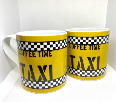 Iconic Yellow Taxi Cab Coffee Time Mugs Cups Checkered Recipe Konitz Pair