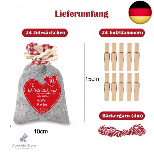 Adventskalender zum Selbst Befüllen, Filzsäckchen mit 24 Gründen Ich Liebe Di - Bild 3 von 7