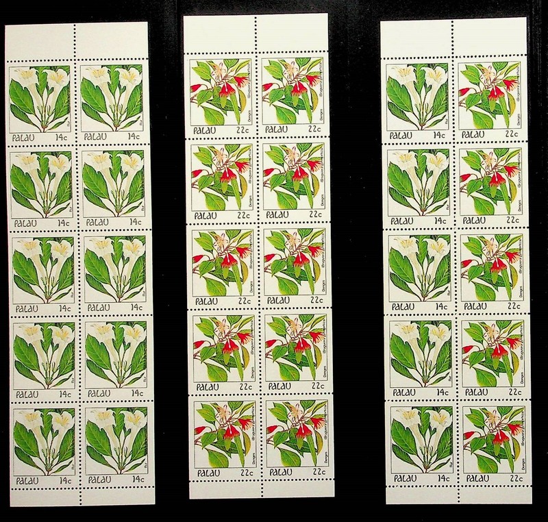 PALAU Sc 130a+132a+132b NH 3 BOOKLET PANES OF 1987 - FLOWERS - Sc$14 - (DL24)