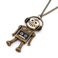 DJ ROBOT CHARM NECKLACE 3" Pendant 26" Chain Headphones Bronze Color Metal NEW