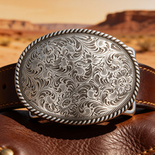Oval Western Cowboy Belt Buckle Silver Tone Engraved Floral Rope Edge Rodeo Gift
