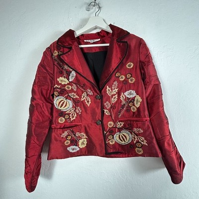 Anage Too Womens Red Silk Embroidered Blazer Jacket Medium Lined Two-Button