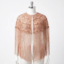 Blush Hand Beaded Fringe Cape Shawl 1920s Flapper Bridal Evening Wrap
