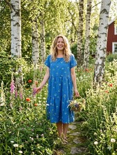 Gudrun Sjoden Dress XL Blue Floral Organic Cotton Tiered Midi Lagenlook Boho New